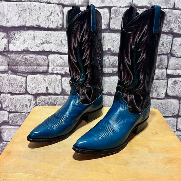 Dan Post Turquoise & Blavk Leather Cowboy Boots Size 8.5 - Picture 1 of 7